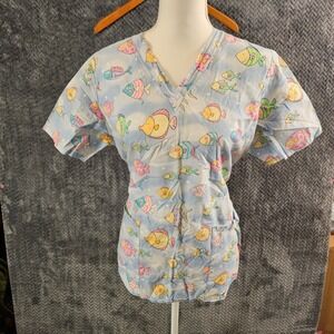 Cherokee Women's Blue Fish Print Scrub Top V Neck Short Sleeve